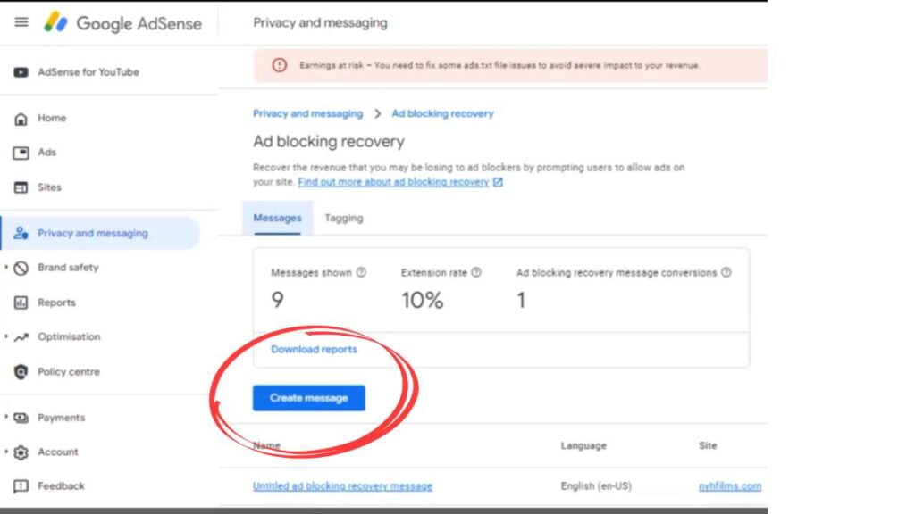 Create Message for ad-blocking recovery